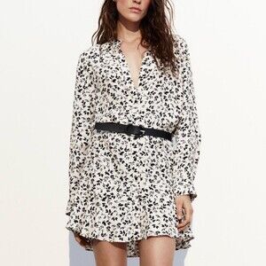 Zara Womens Long Sleeve Mini Dress White Black Floral Print Boho Chic Whimsigoth